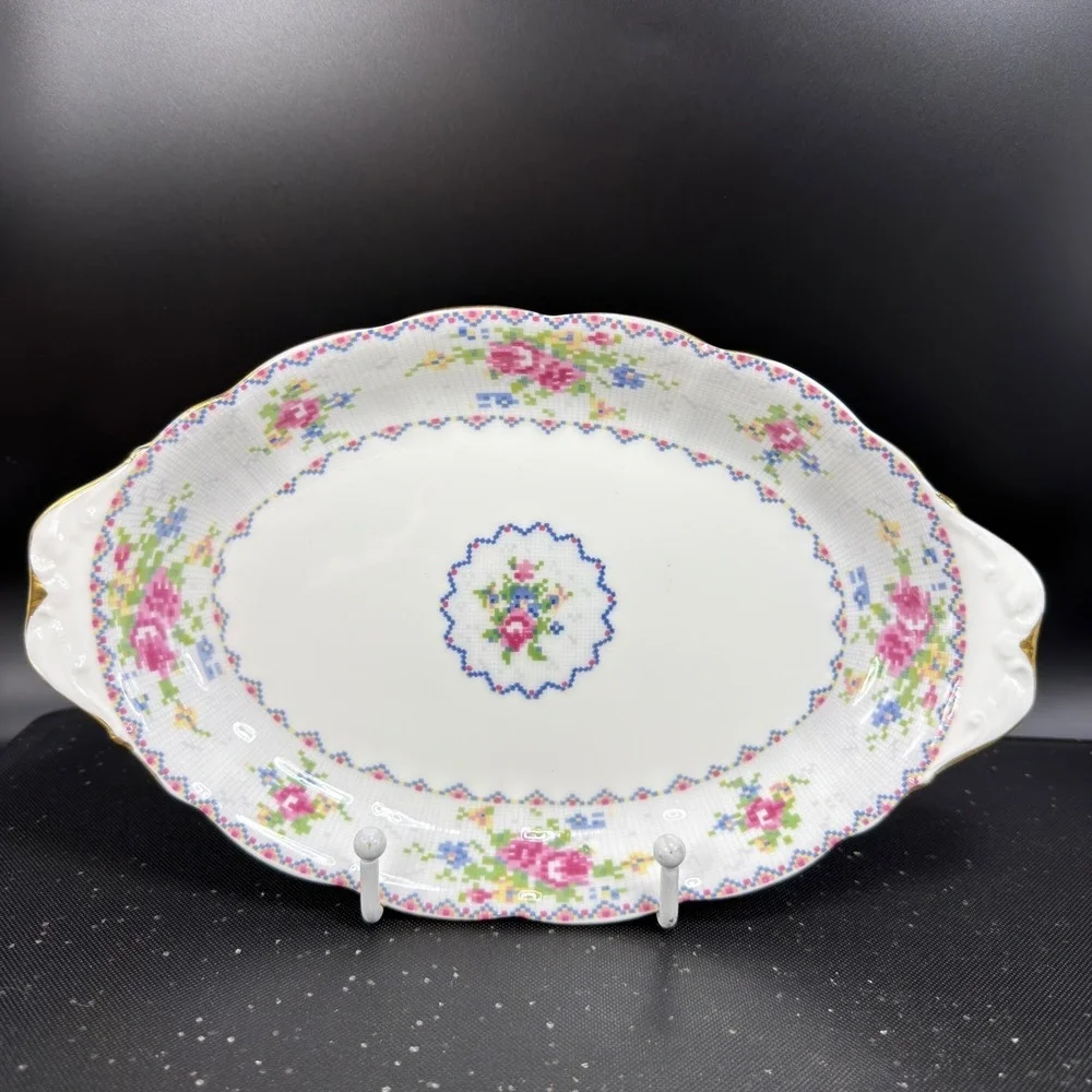 Royal Albert Petit Point China Oval Serving Platter Floral Gold Trim England 10